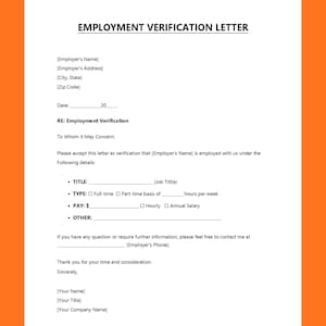 May include: A black and white employment verification letter template on a white background. The document includes fields for employer details, employee information, job title, employment type, pay rate, and contact information for verification.