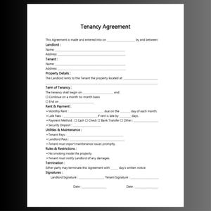 Puede incluir: Un documento de contrato de arrendamiento blanco con texto negro. Incluye secciones para nombres y direcciones del arrendador y arrendatario, detalles de la propiedad, plazo del contrato, renta, pagos, servicios, mantenimiento, reglas y firmas.