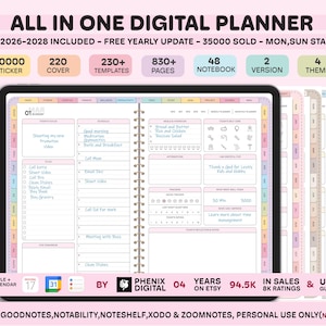 Op de afbeelding: Een digitale planner weergegeven op een tabletscherm met een dagelijkse planning-indeling met secties voor taken, maaltijden en gewoonten. De interface bevat navigatietabbladen en tekstlabels zoals ALL IN ONE DIGITAL PLANNER en 2026-2028 INCLUDED.