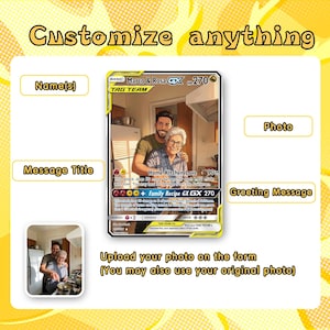 May include: A customizable card with a photo of a man and woman in a kitchen. The card features text fields for names, a message title, and a greeting message. The card also includes the text "Customize anything" and "Upload your photo on the form".
