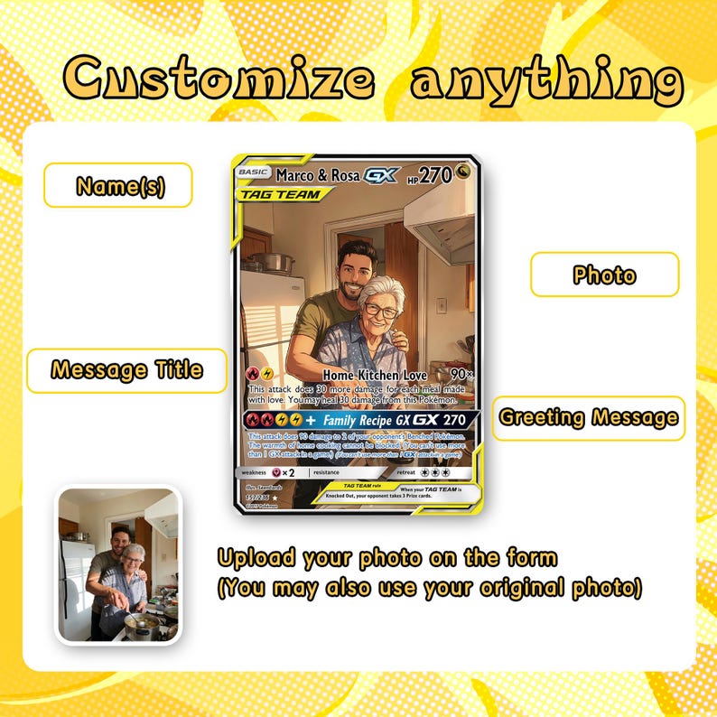 May include: A customizable card with a photo of a man and woman in a kitchen. The card features text fields for names, a message title, and a greeting message. The card also includes the text "Customize anything" and "Upload your photo on the form".