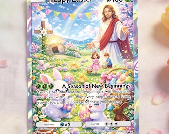 Easter Holographic Collector Card, Prayer Card, Trading Card with Bunny Chick Easter Egg,Cute Easter Gift for Kids Christian Good Luck Charm