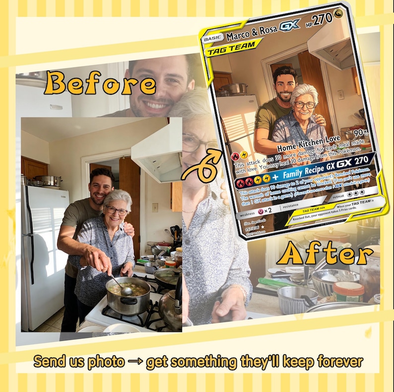 May include: A before-and-after image shows a photo transformed into a custom trading card. The card features a couple in a kitchen, with text that reads "Home Kitchen Love" and "Family Recipe GX". The text "Before" and "After" are also visible.