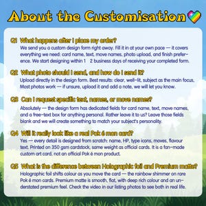 May include: A graphic with the title "About the Customisation" and a rainbow heart icon. It details the process of ordering custom cards, including photo uploads, text requests, and card features. The text explains the card's design and materials.