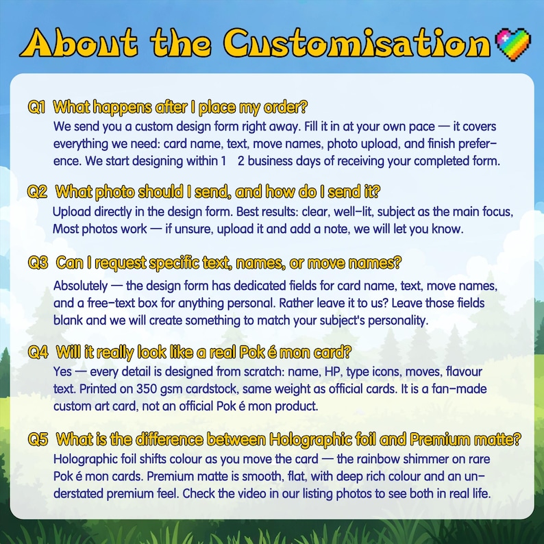 May include: A graphic with the title "About the Customisation" and a rainbow heart icon. It details the process of ordering custom cards, including photo uploads, text requests, and card features. The text explains the card's design and materials.