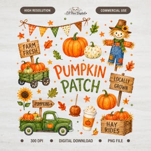 May include: A digital illustration set featuring a scarecrow, pumpkins, a green truck, a wagon, and wooden signs with the text FARM FRESH, PUMPKIN PATCH, LOCALLY GROWN, and HAY RIDES. Includes a sunflower, a caramel apple, and a cup of coffee.