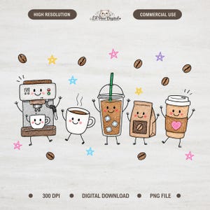 May include: A digital illustration featuring a collection of anthropomorphic coffee items including an espresso machine, a mug, an iced coffee in a plastic cup, a coffee bean bag, and a paper cup with a pink heart, surrounded by coffee beans and stars.