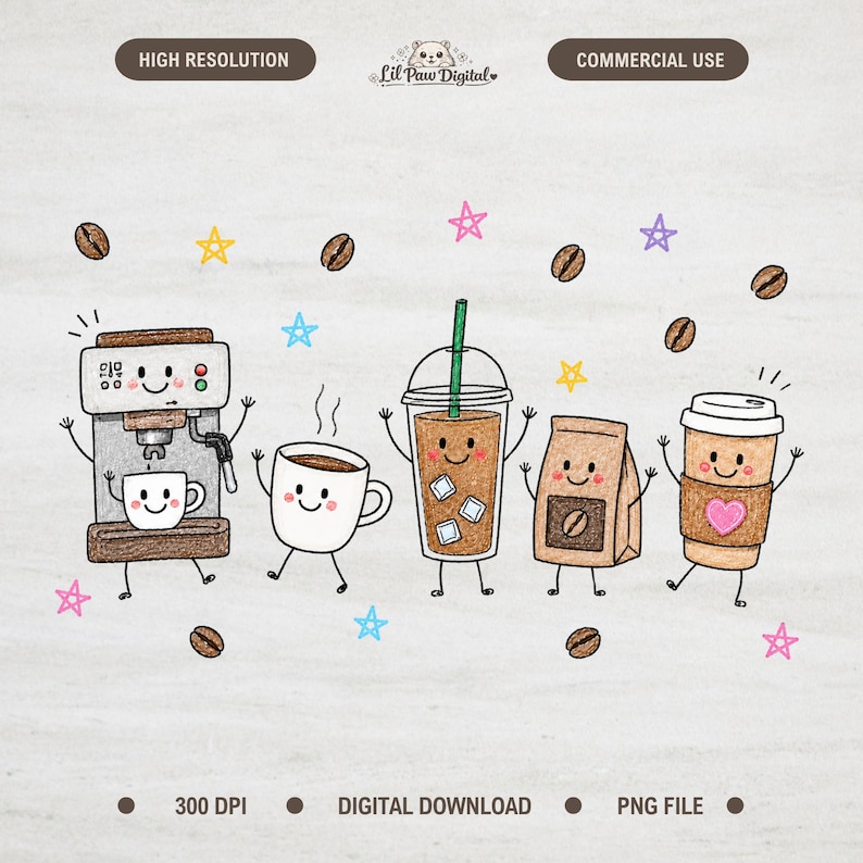 May include: A digital illustration featuring a collection of anthropomorphic coffee items including an espresso machine, a mug, an iced coffee in a plastic cup, a coffee bean bag, and a paper cup with a pink heart, surrounded by coffee beans and stars.