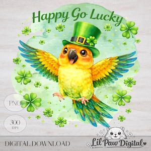 May include: A digital download featuring a colorful parrot wearing a green top hat, surrounded by shamrocks. The text "Happy Go Lucky" is above the parrot. The parrot has yellow, orange, blue, and green feathers. The image includes the text "PNG", "300 DPI", and "DIGITAL DOWNLOAD".