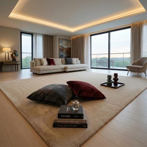 Modern Luxury Living Room Decor Set | Minimalist Beige Interior Styling, Sophisticated Velvet Throw Pillows & Designer Coffee Table Books