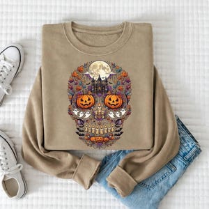 Spooky Halloween Skull Sweatshirt: Pumpkin Ghost Castle Pullover
