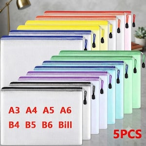 5 Pack Mesh Zipper File Bags A3 A4 A5 A6 B4 B5 | Waterproof Document Organizer Pouches | Office School Travel Storage Folders