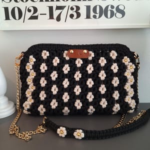 Floral Handmade Macrame Bag, Black & Ivory, Cross Body Chain Handbag
