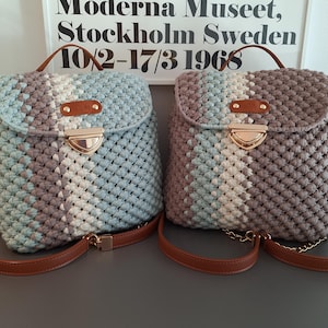 Handgjord makraméryggsäck, grön och brun två färger, lyxiga läderaccessoarer