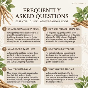 K&ouml;nnte beinhalten: Infografik mit h&auml;ufig gestellten Fragen zur Ashwagandha-Wurzel. Das Bild enth&auml;lt Text und Illustrationen der Pflanze, die ihre Verwendung, Zubereitung und Lagerung behandeln. Der Text enth&auml;lt den Satz "Essential Guide".