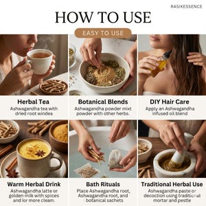 K&ouml;nnte beinhalten: Eine Anleitung mit dem Titel &bdquo;HOW TO USE&ldquo; mit sechs Bildern, die die Verwendung von Ashwagandha demonstrieren. Die Bilder zeigen Kr&auml;utertee, botanische Mischungen, DIY-Haarpflege, ein warmes Kr&auml;utergetr&auml;nk, Badrituale und traditionelle Kr&auml;uteranwendung.