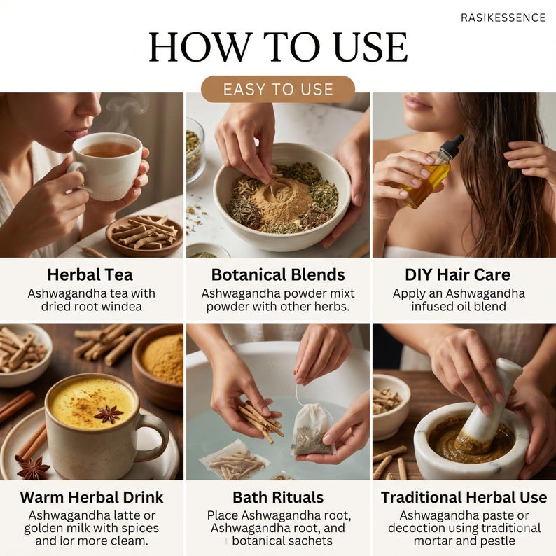 K&ouml;nnte beinhalten: Eine Anleitung mit dem Titel &bdquo;HOW TO USE&ldquo; mit sechs Bildern, die die Verwendung von Ashwagandha demonstrieren. Die Bilder zeigen Kr&auml;utertee, botanische Mischungen, DIY-Haarpflege, ein warmes Kr&auml;utergetr&auml;nk, Badrituale und traditionelle Kr&auml;uteranwendung.