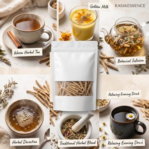 K&ouml;nnte beinhalten: Eine Collage von Kr&auml;utergetr&auml;nken und Zutaten. Enth&auml;lt eine Tasse warmen Kr&auml;utertee, goldene Milch, einen Kr&auml;uterauszug in einer gl&auml;sernen Teekanne und ein entspannendes Abendgetr&auml;nk. Ein wei&szlig;er Beutel mit Sichtfenster zeigt Kr&auml;uterstiele. Text enth&auml;lt "Warm Herbal Tea".