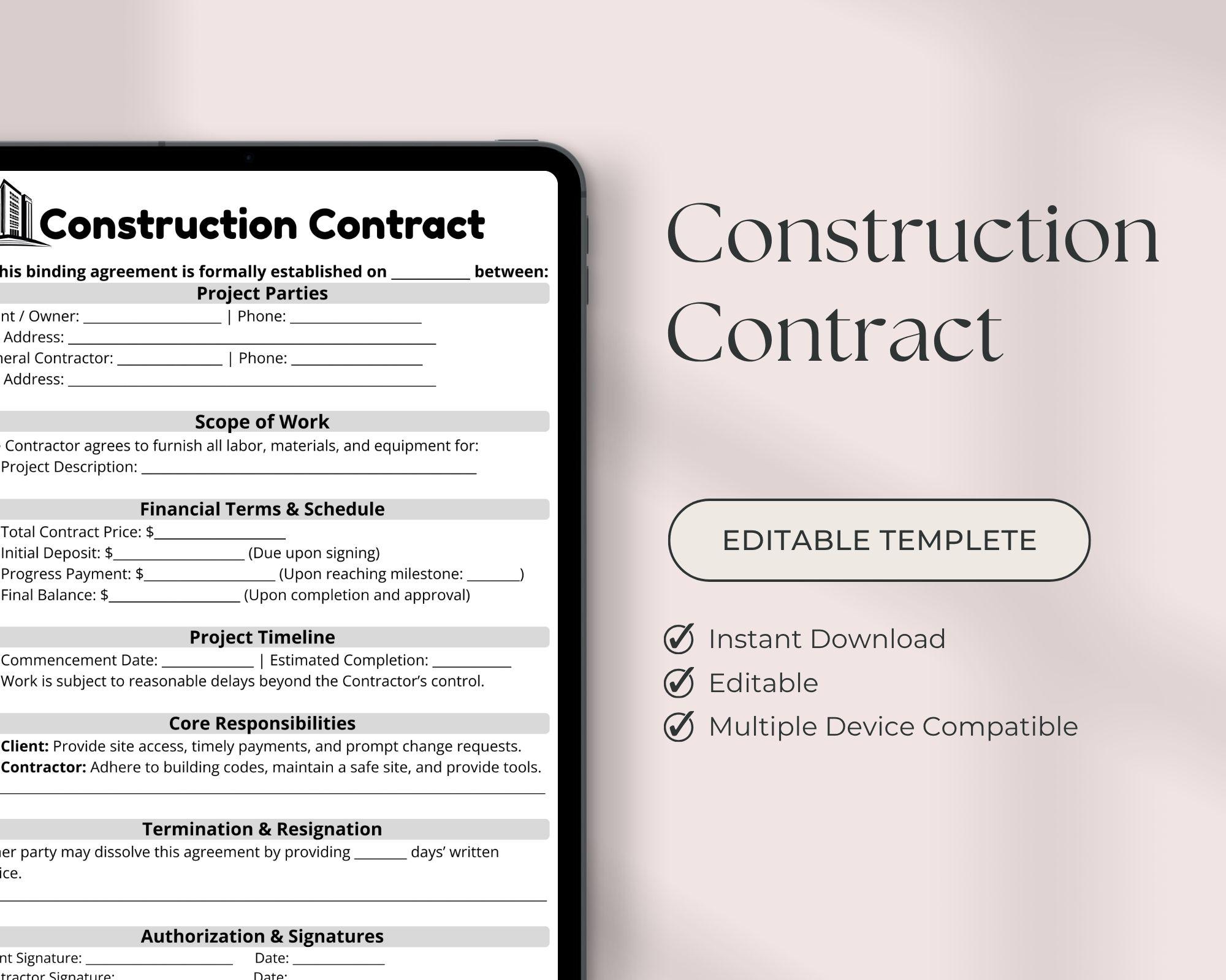 Editable Construction Contract Template, One-page Agreement Form ...