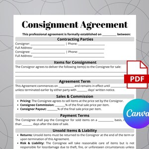 Editable Consignment Agreement Template, Single Page Contract (Canva Download)