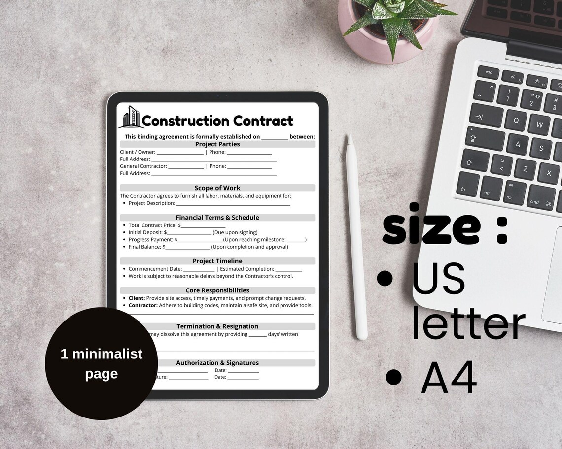 Editable Construction Contract Template, One-page Agreement Form ...