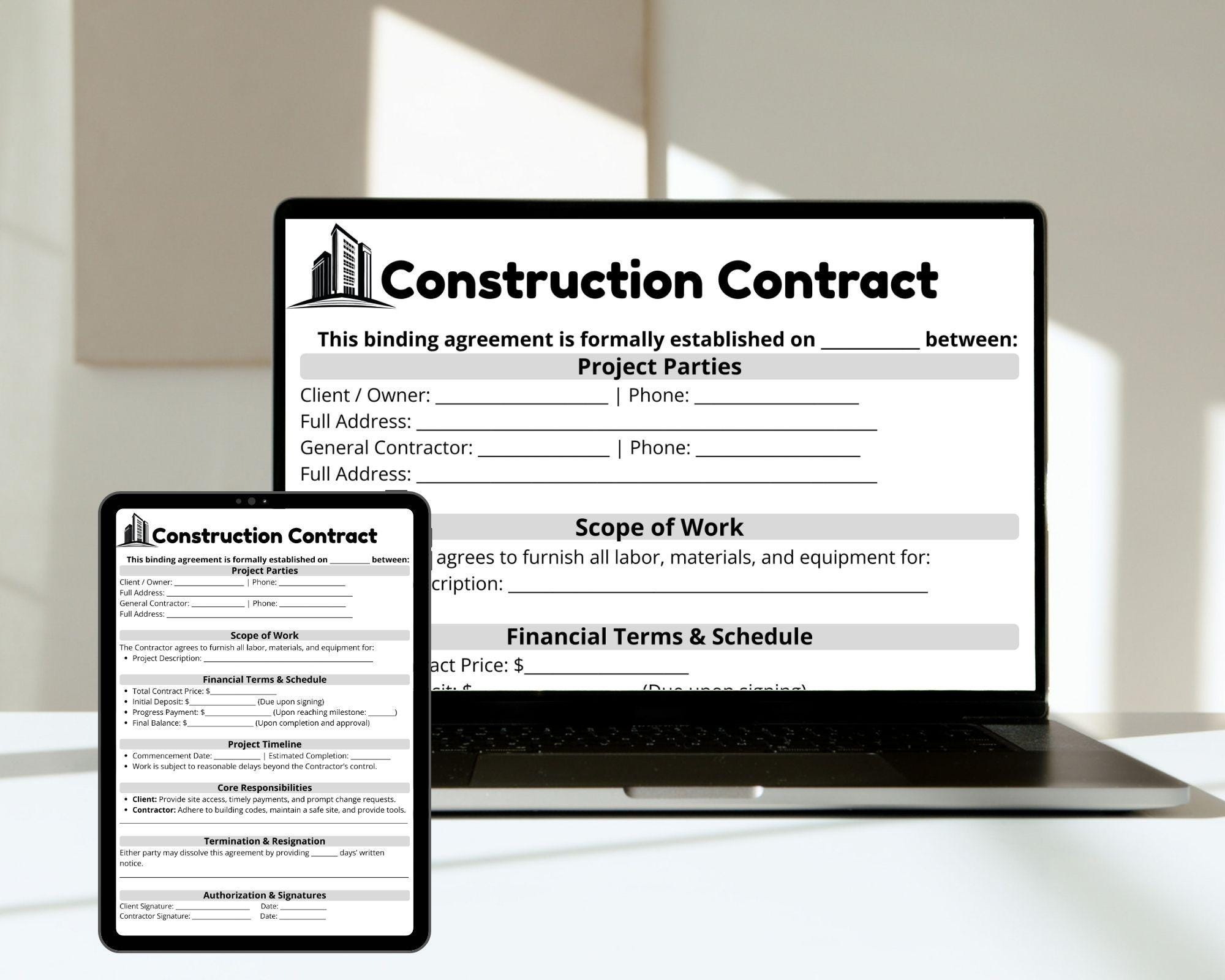 Editable Construction Contract Template, One-page Agreement Form ...
