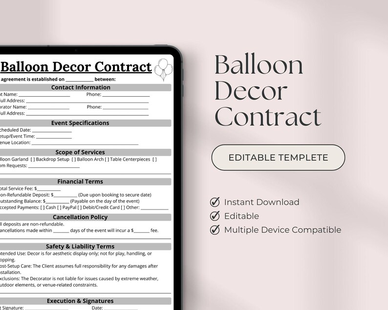 Editable Balloon Decor Contract Template, Service Agreement Form ...