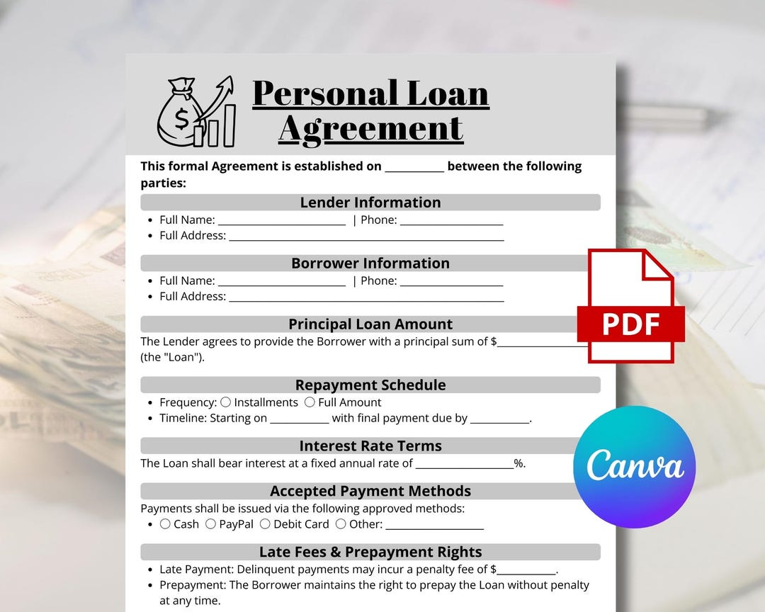 Editable Personal Loan Agreement Template, One-page Contract Form ...