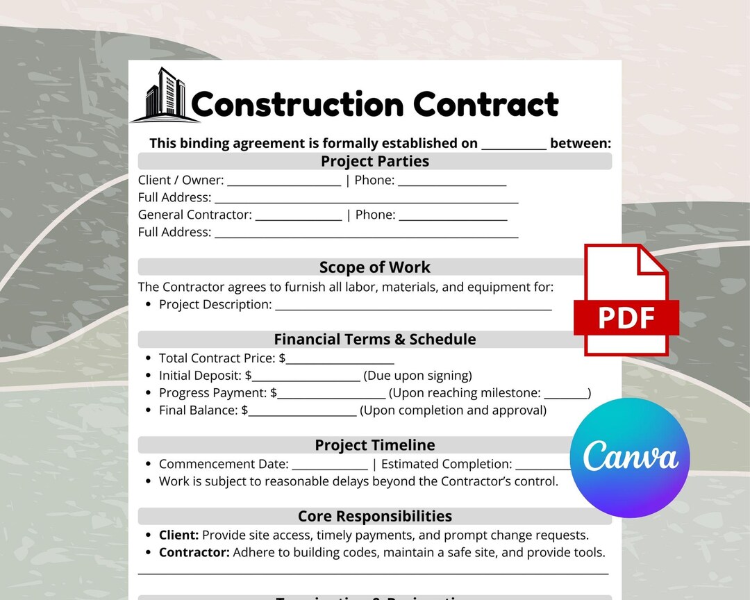 Editable Construction Contract Template, One-page Agreement Form ...