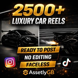 Könnte beinhalten: Werbung für Luxus-Autoreels. Das Bild zeigt zwei schwarze Sportwagen mit dem Text "2500+ Luxury Car Reels", "Ready to Post", "No Editing" und "Faceless". Instagram- und TikTok-Logos sind ebenfalls enthalten.