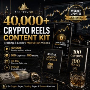 Crypto Reels innehållspaket: 40 000+ handelsvideor, textning, tips och 30-dagarskalender