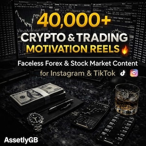Puede incluir: Imagen con el texto "40.000+ CRYPTO & TRADING MOTIVATION REELS". Muestra una pila de billetes de dólar estadounidense, un reloj de pulsera, un bolígrafo y tres teléfonos inteligentes que muestran gráficos financieros. También hay un vaso de whisky.