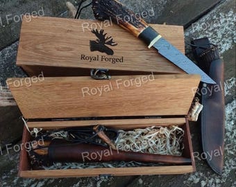 Handmade Damascus Steel Hunting Knife with Stag Antler Handle - Custom Outdoor Survival Blade - Unique Gift for Him