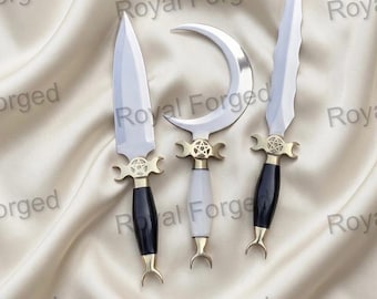 Juego ritual de cuchillo de luna creciente hecho a mano, daga Athame Boline y serpiente, regalo personalizado para él.