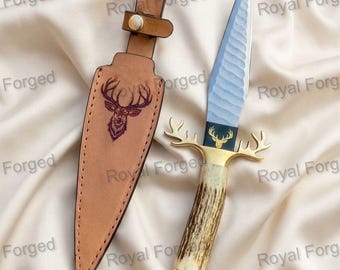 Handmade Damascus Steel Hunting Knife - Custom Stag Antler Dagger - With Sheath Personalized Gift for Him