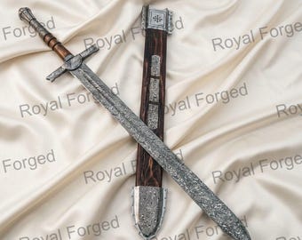 Hand Forged Damascus Steel Crusader Sword with Scabbard | Medieval Sword, Groomsmen Gift for him