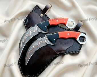 Hand-Forged Coper Damascus steel dual karambit knives | Viking knives | Personalized Collector Gift for him