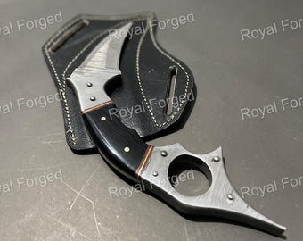 Faca Karambit forjada à mão em aço Damasco | Presente de Natal exclusivo para marido, padrinhos e colecionadores | Lâmina integral com bainha de couro