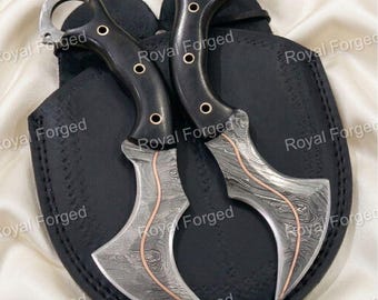 Hand Forged Copper Damascus Steel dual Karambit Knives Set, Viking Knives with Leather Sheath,  Gift for Him