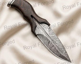Hand Forged Damascus Steel Feather Knife | Custom Hunting and Pocket Knife With Leather Sheath Christian Gift for Him