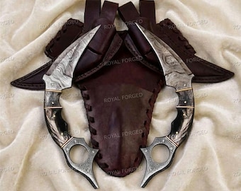 Handgesmede dubbele karambitmessen van damaststaal | Vikingmessen | Cadeau voor hem gepersonaliseerd cadeau