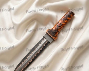 Handmade Copper Damascus Custom Knife - Premium Carved Handle Tactical Dagger  - Unique Groomsman Gift for Him