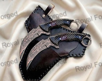 Hand-Forged Copper damascus steel dual karambit knives |Honey Comb Resin Handle  Viking knives | Gift for him