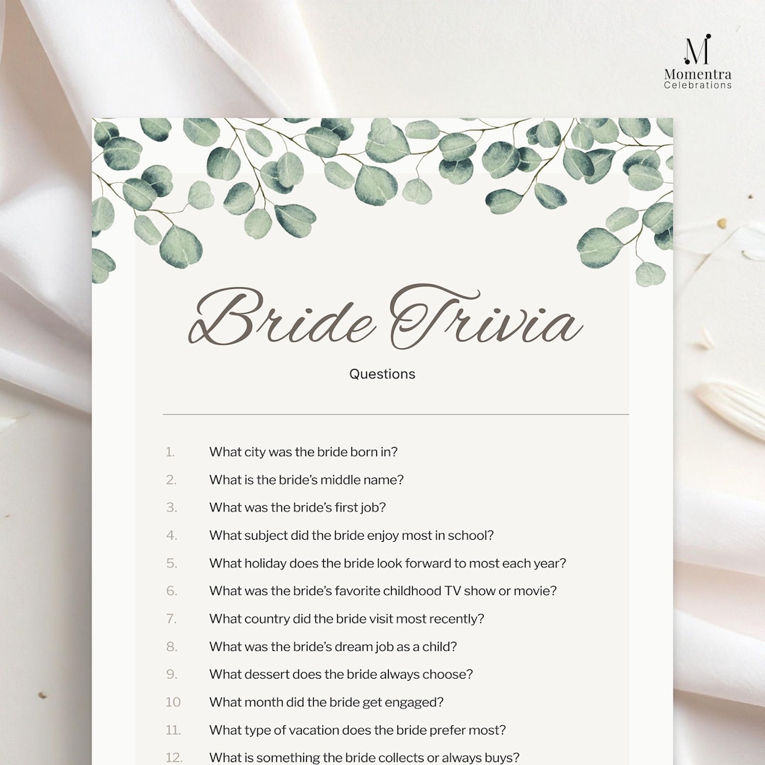 Bridal Shower Riddles Pdf Bride Trivia Bridal Shower Game Printable, Sage Green Eucalyptus ...
