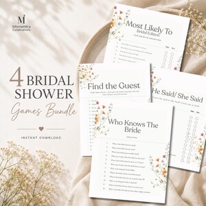 Puede incluir: Un paquete de cuatro tarjetas de juegos para despedida de soltera con ilustraciones florales. Las tarjetas incluyen títulos como Most Likely To, Find the Guest, He Said/She Said y Who Knows The Bride, con preguntas y círculos para marcar.