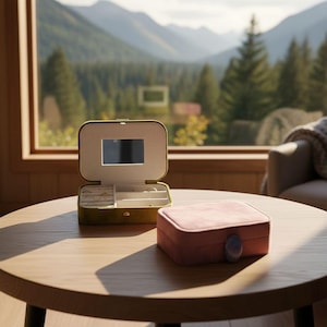 May include: Two jewellery boxes on a round wooden table. One is open, olive green, and has a mirror. The other is closed, dusty rose, and square. The background shows a window with a view of mountains and trees.