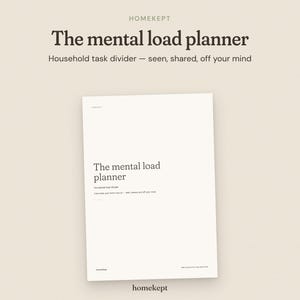 May include: A white rectangular planner titled The mental load planner with the subtitle Household task divider — seen, shared, off your mind. The cover features black text on a clean white background, presenting a structured layout for organizing household tasks and responsibilities.