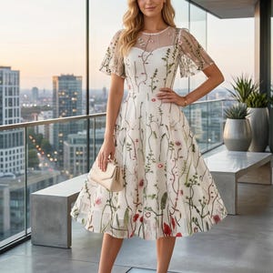 White Floral Embroidered Midi Dress - Etsy