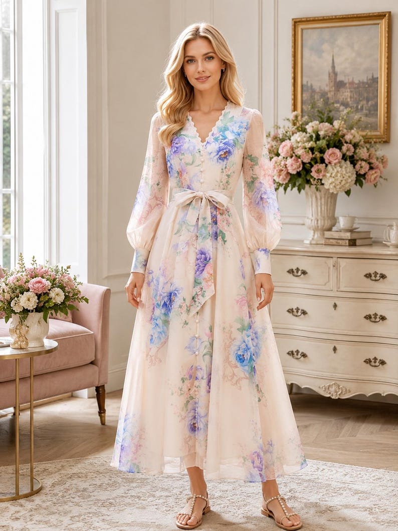 Puede incluir: Un vestido largo de manga larga en color crema claro con un estampado floral vibrante en tonos azules, morados y verdes. El vestido tiene un escote en V, una parte delantera abotonada con peque&ntilde;os botones redondos y un cintur&oacute;n de tela a juego.