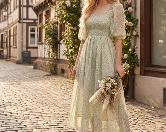 Bloemen chiffon zonnejurk pofmouw Koreaans boho vakantie strandfeest elegante zomer midi